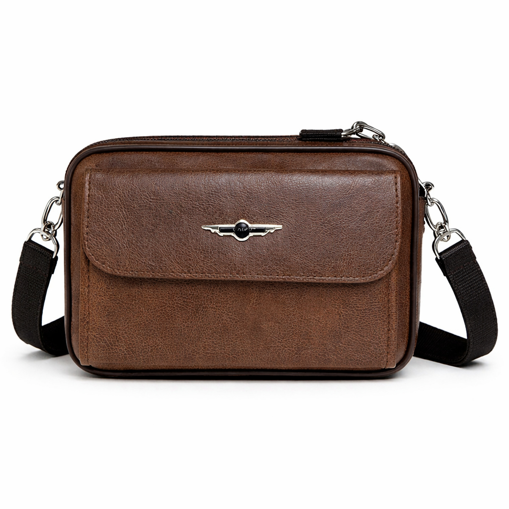 Compact Brown Faux Leather Crossbody Bag with Adjustable Strap