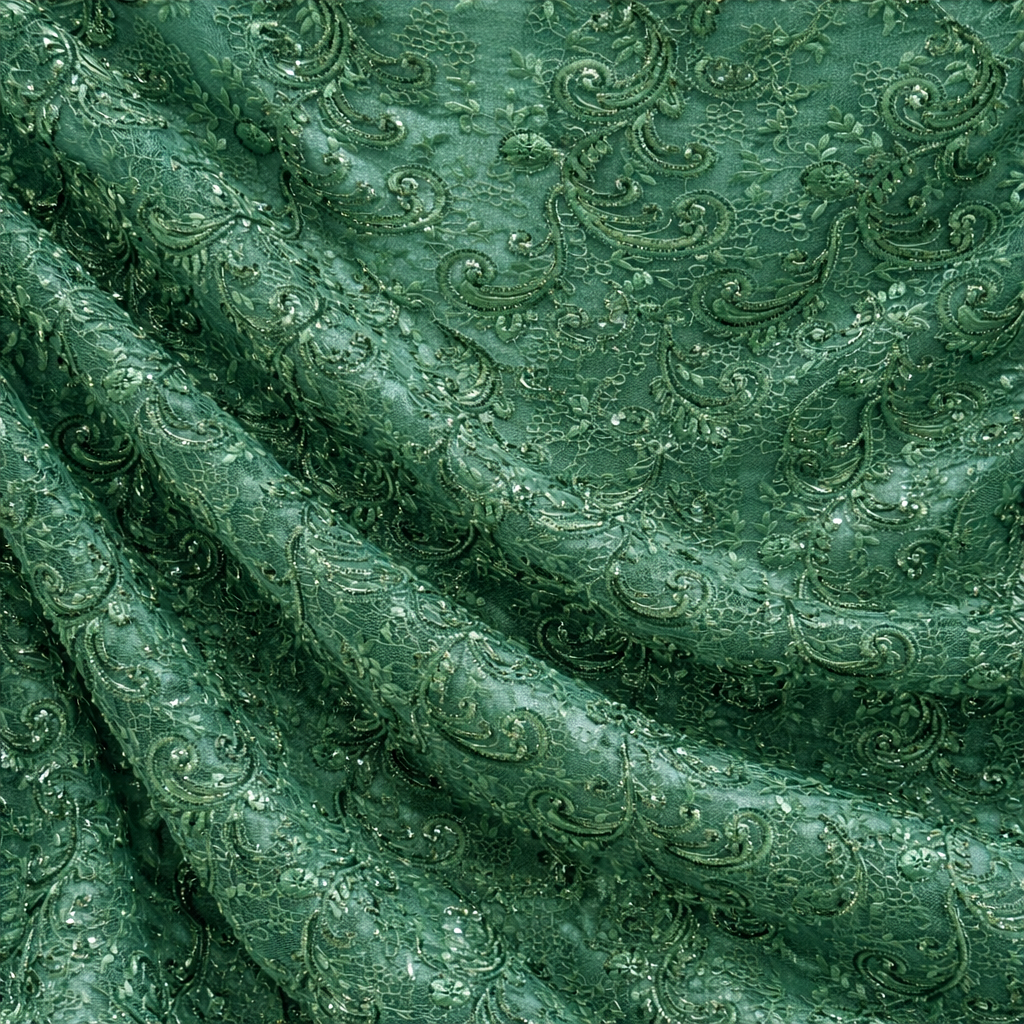 Elegant green embroidered lace fabric