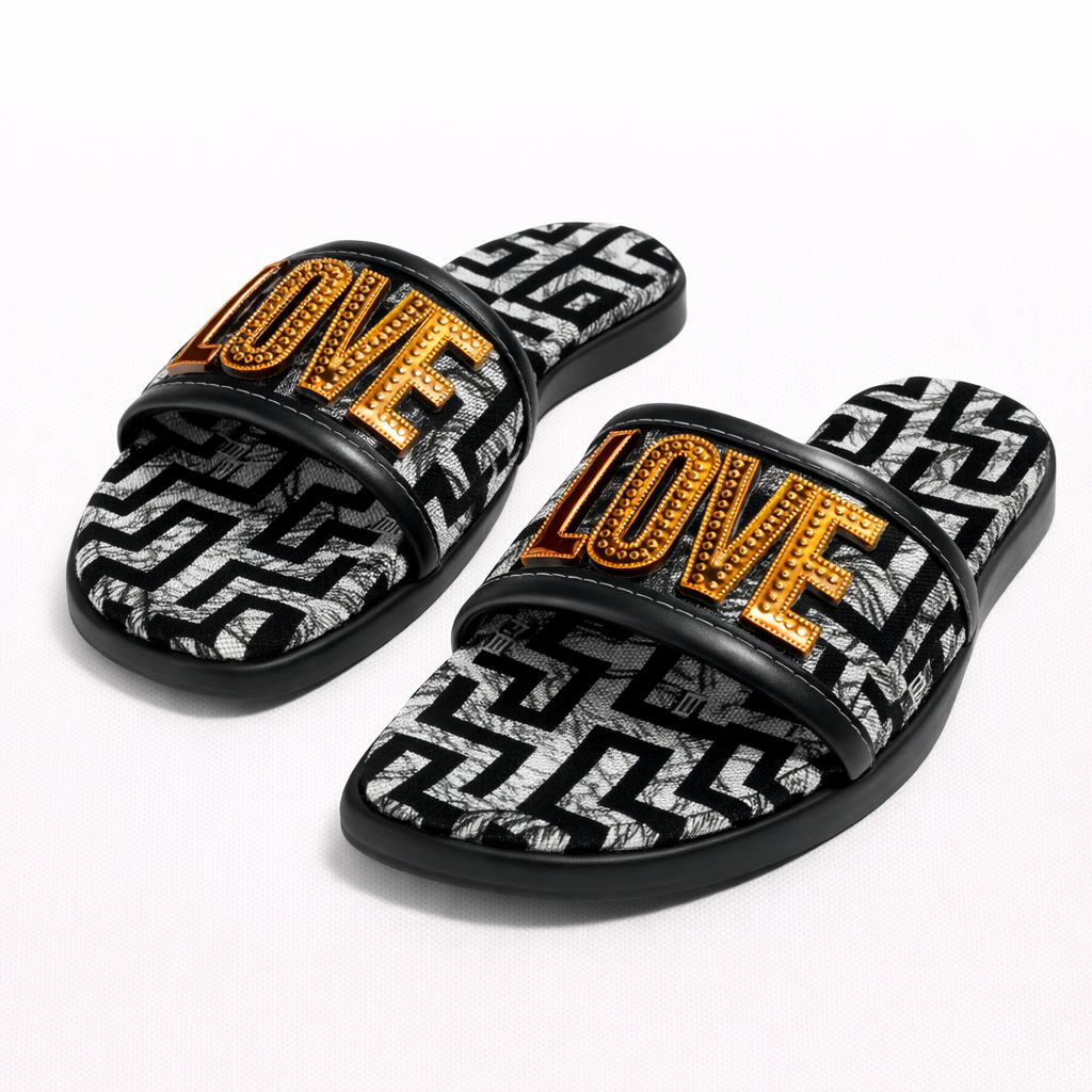Stylish Slide Sandal with Geometric Pattern and Gold Love Embellishment