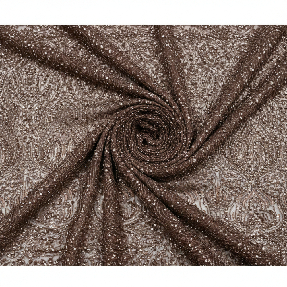 Brown Sequin Embroidered Lace Fabric