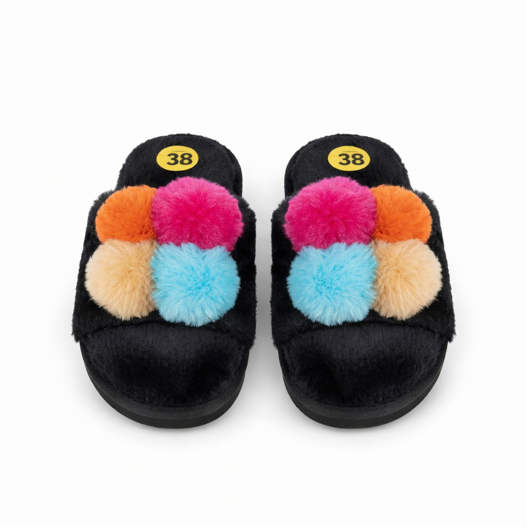 Cozy Plush  Slippers with Colorful Pom Poms
