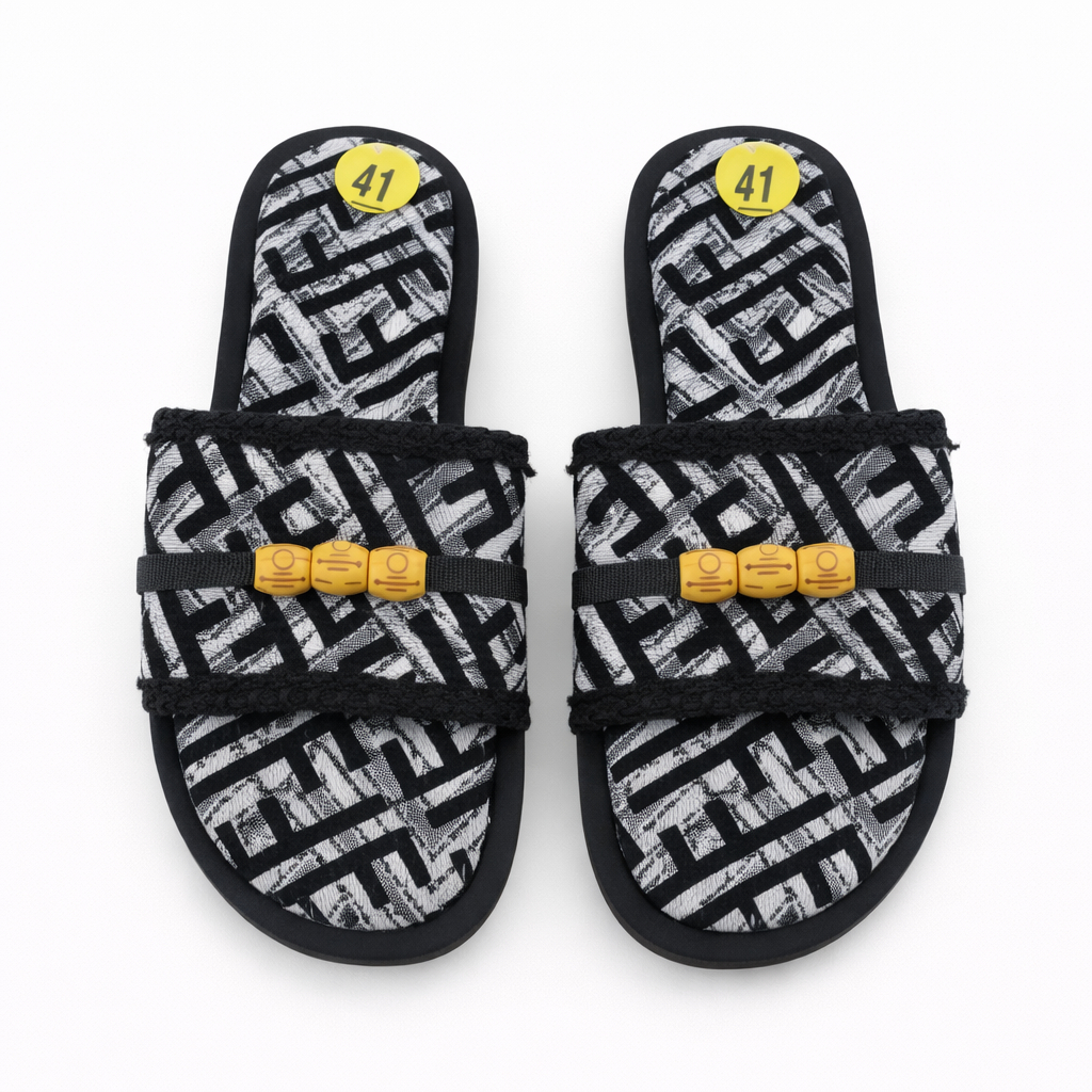 Stylish Slip On Sandal with Geometric Pattern and Wooden Beads