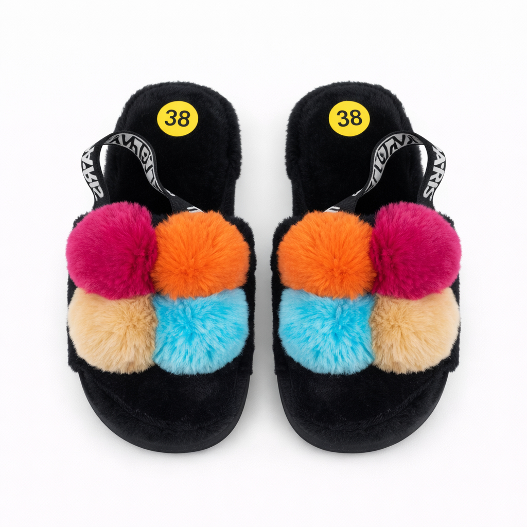 Stylish Faux Fur  Slippers with strap and Colorful Pom Poms
