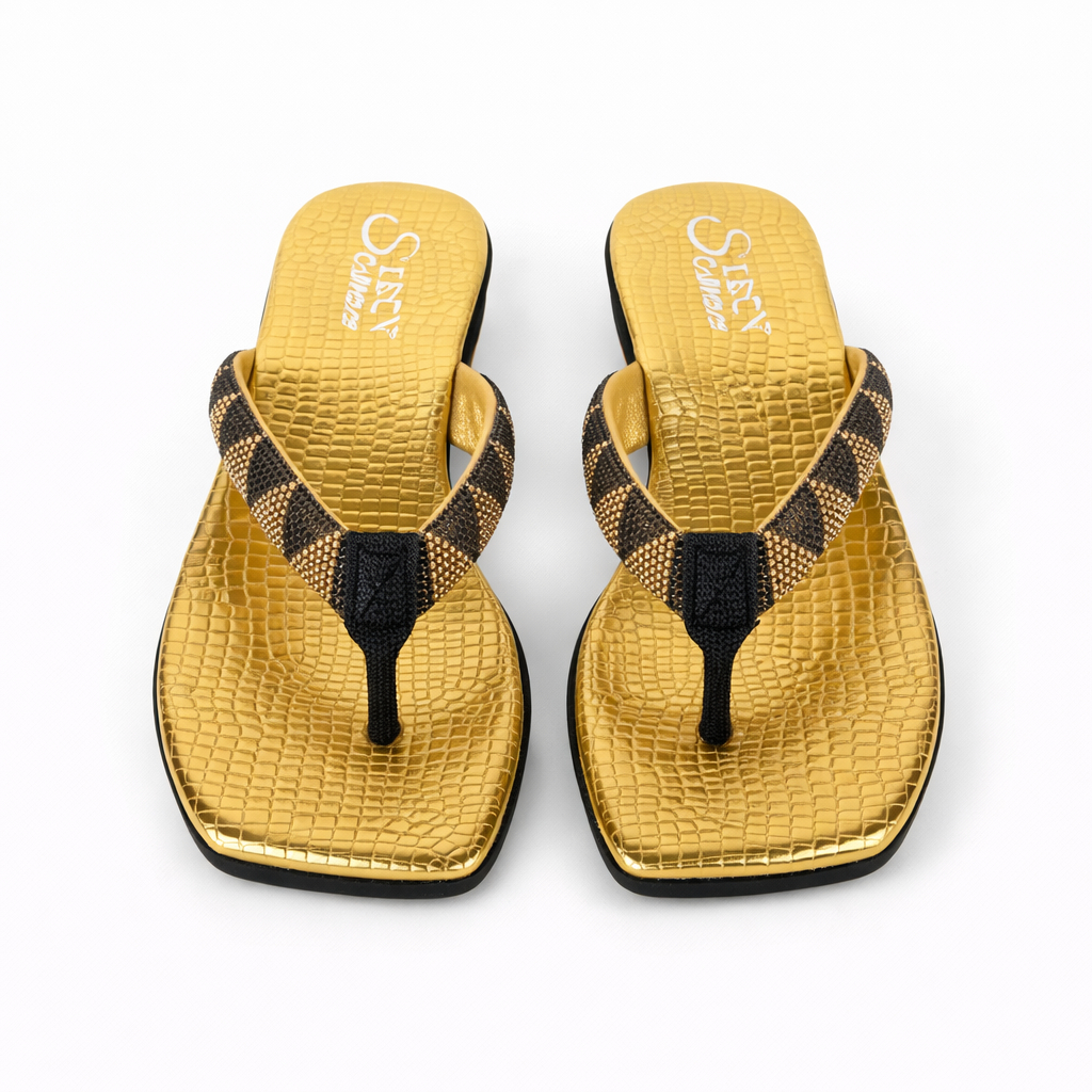 Women Stylish Sandals with Gold and Black rhinestone Design