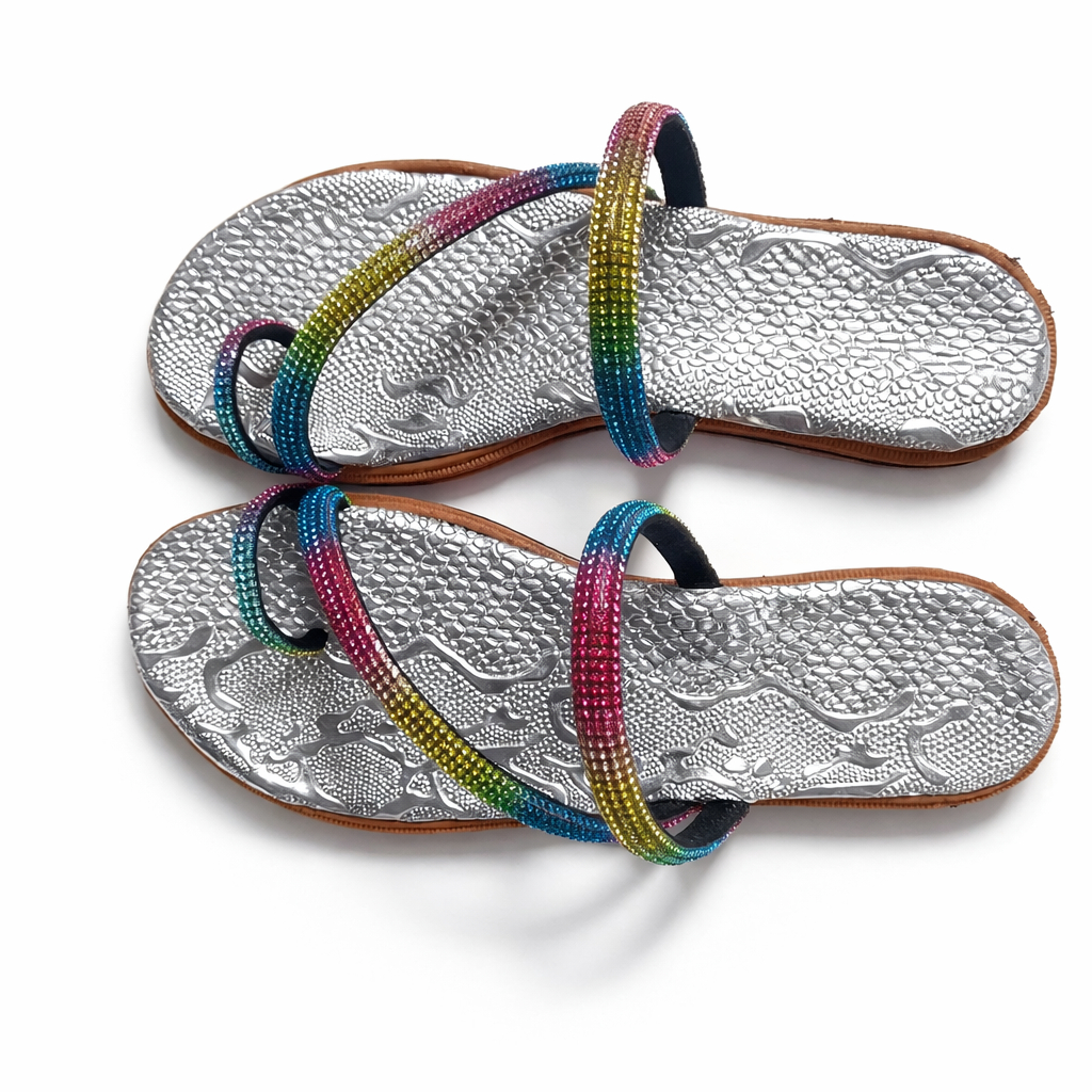 Multicolor Strap Flat Sandals with Textured Sole