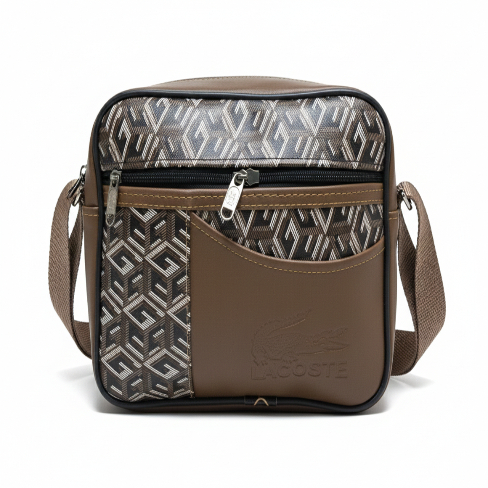 Crossbody Sling Bag in Brown Faux Leather with Geometric Design