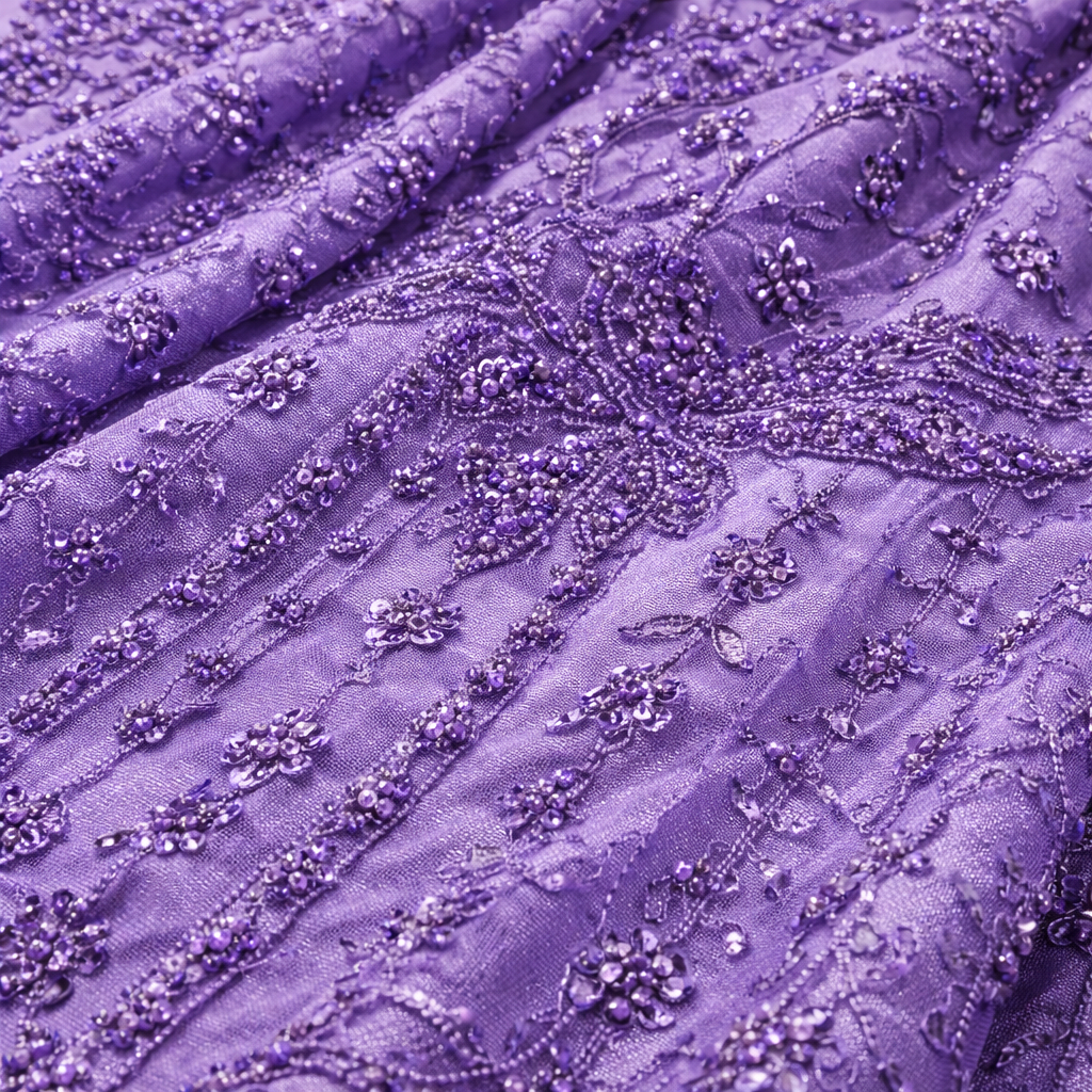 Quality Purple Beaded Lace Fabric