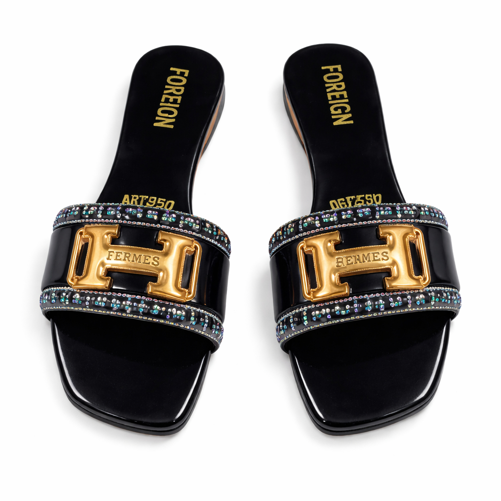 Quality black Embellished Buckle Strap Flat Slide Sandals