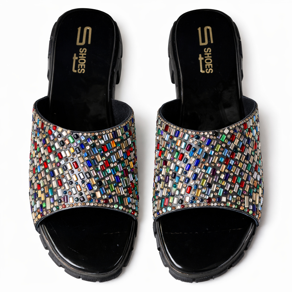 Multicolor Crystal Embellished Flat Slide Sandals