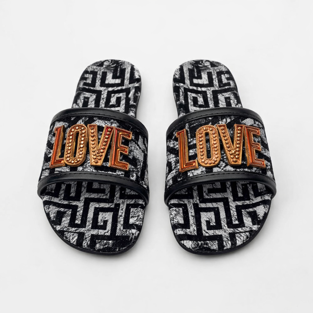 Patterned Slip On Flat Sandals with Decorative Strap Detail