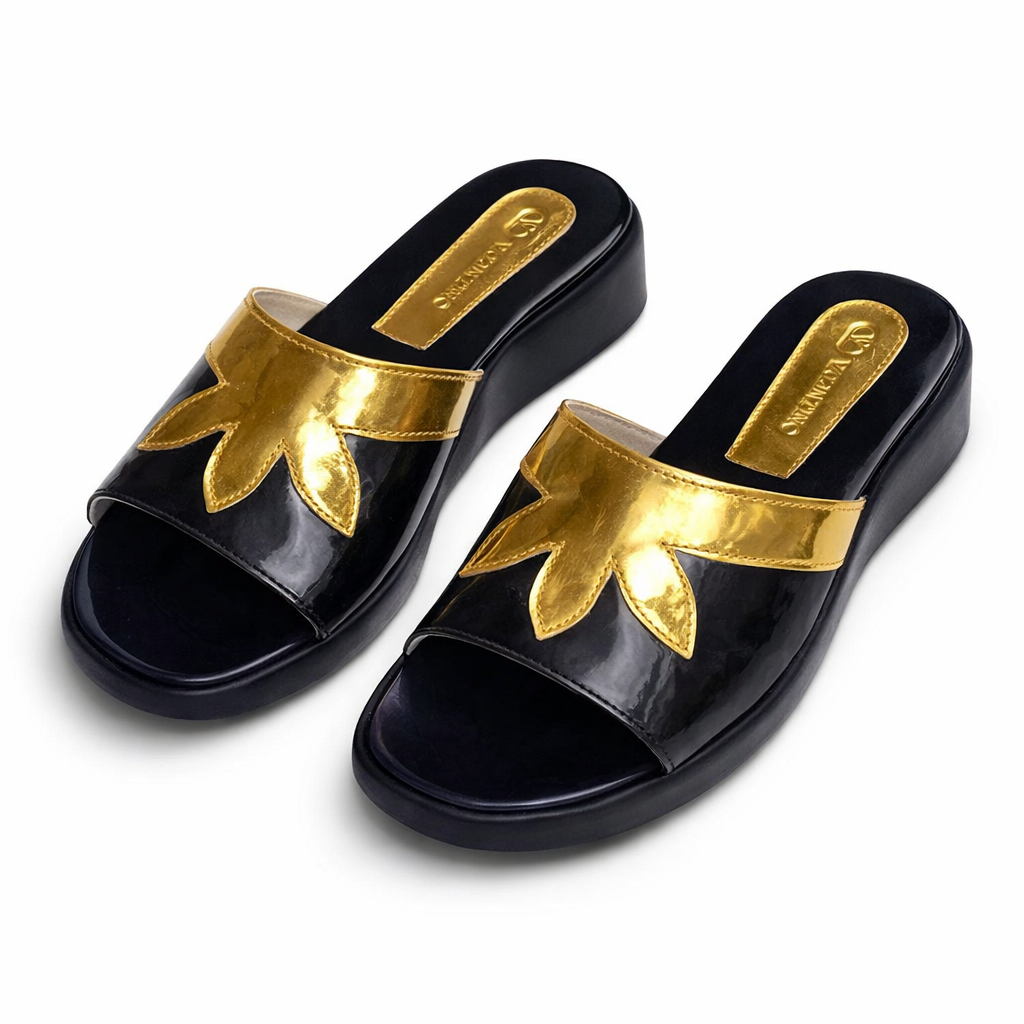 Women Flat Slide Sandals with Metallic Leaf Strap