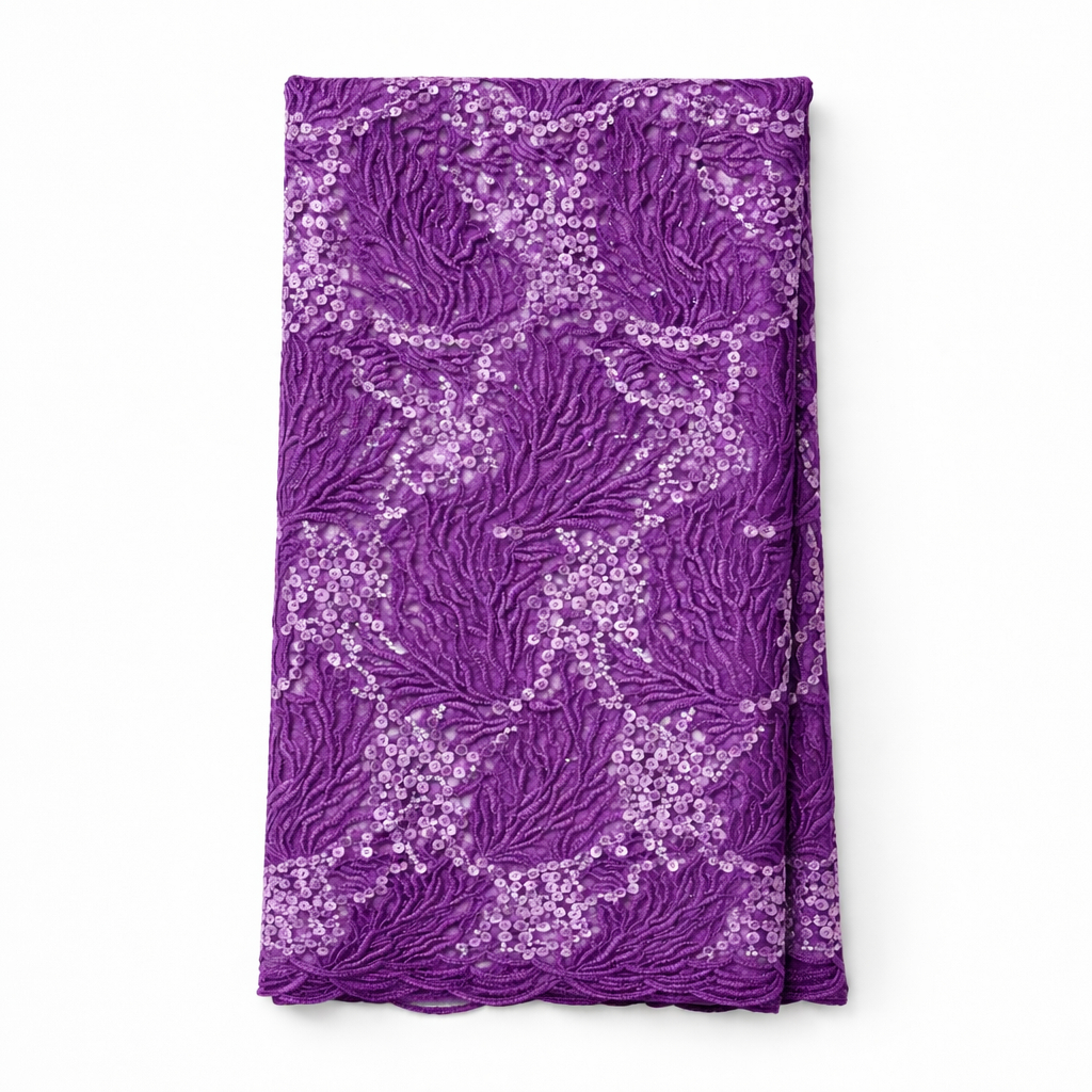 Luxury royal Purple Embroidered Lace Fabric with Floral Pattern