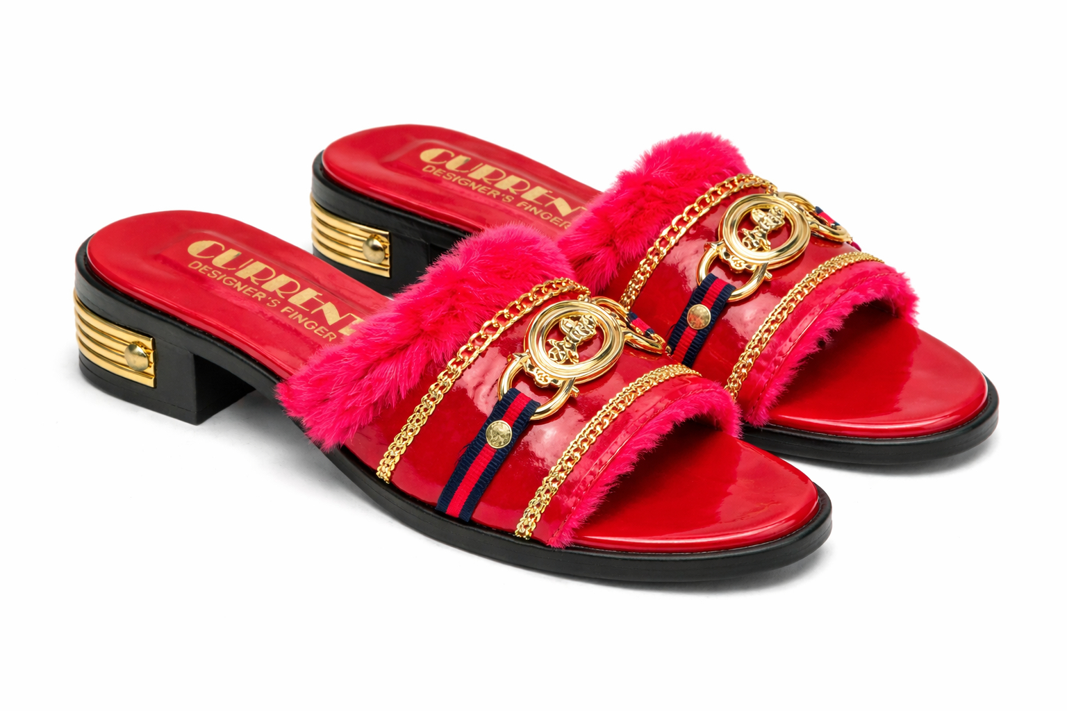 Women Red Flat Faux Fur Slide Sandals with Decorative Chain