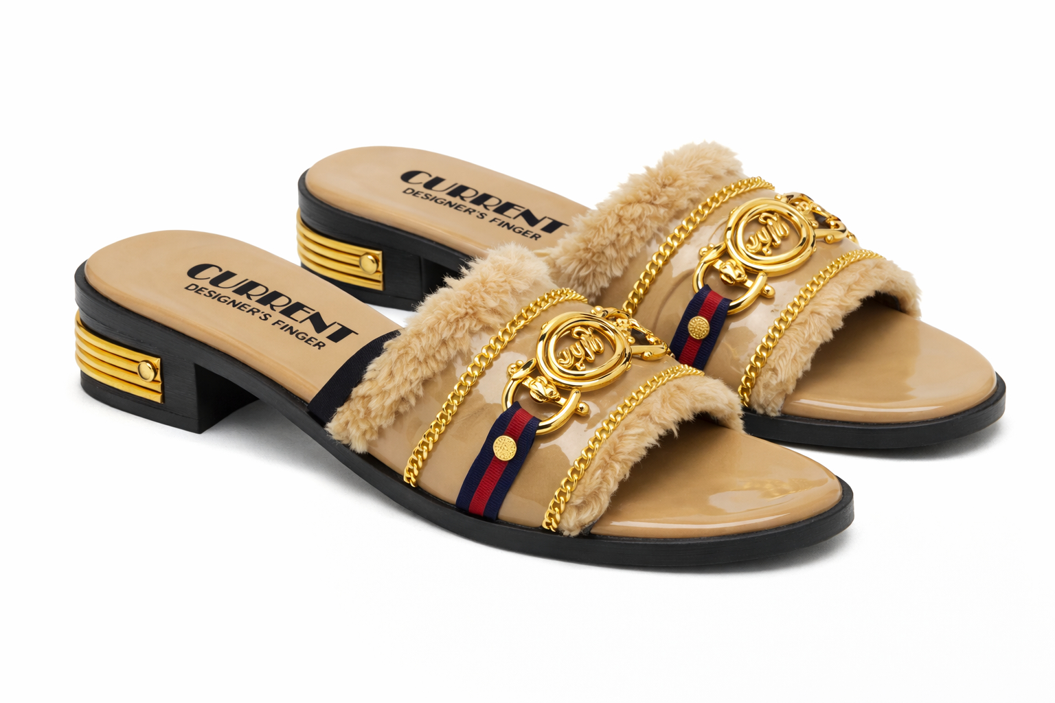 Women cream Faux Fur Embellished  Slide Sandals