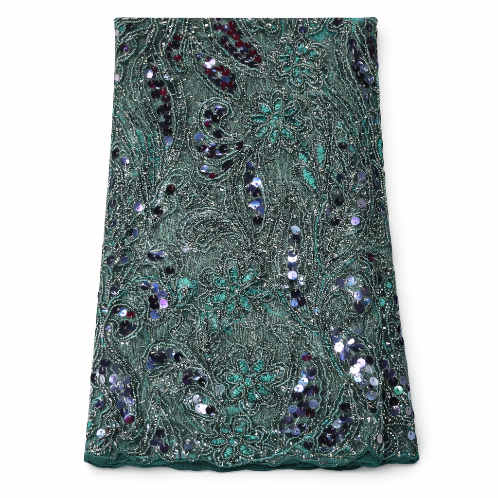 Emerald Teal Sequin Lace Fabric
