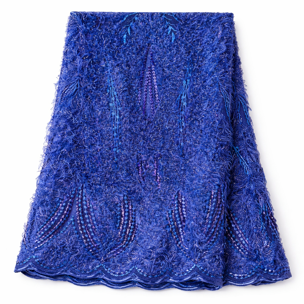 Premium Royal Blue Sequin Feather Lace Fabric
