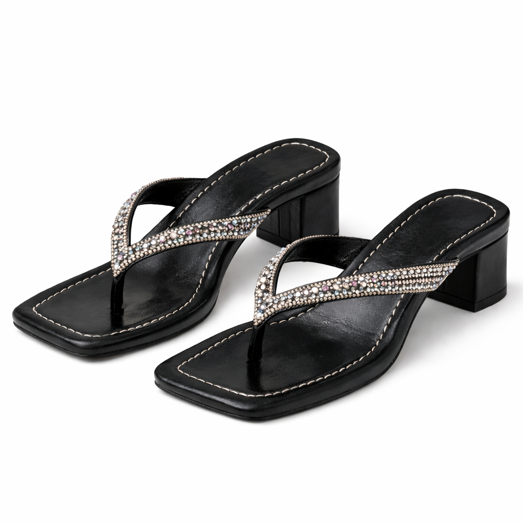 Stylish black Rhinestone Embellished Block heel sandals