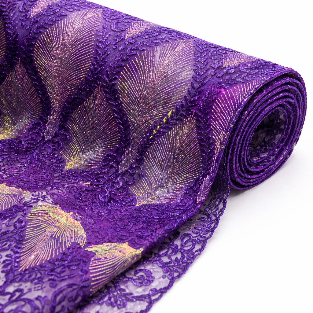 Luxury Purple Embroidered Lace Fabric with Gold Foil Pattern