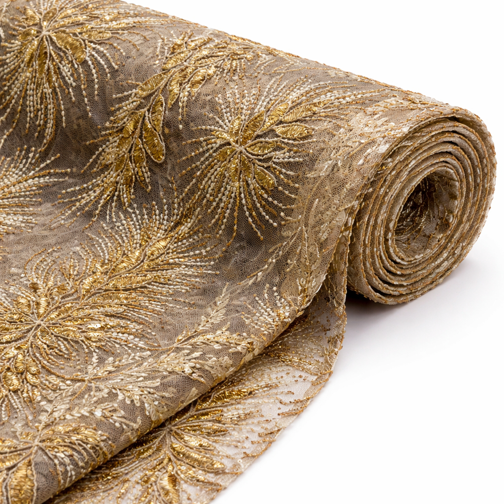 Luxury Gold Embroidered Net Lace Fabric