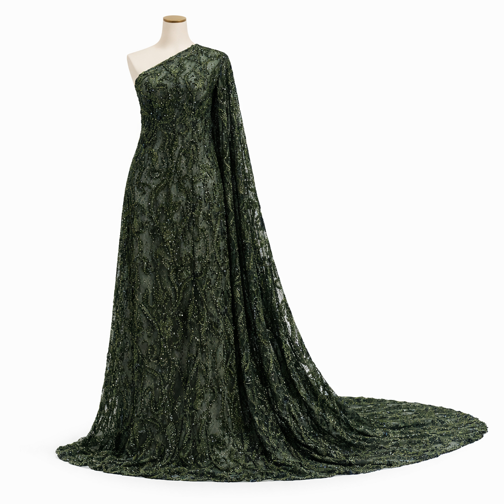 Luxury Dark Green Beaded Lace Fabric