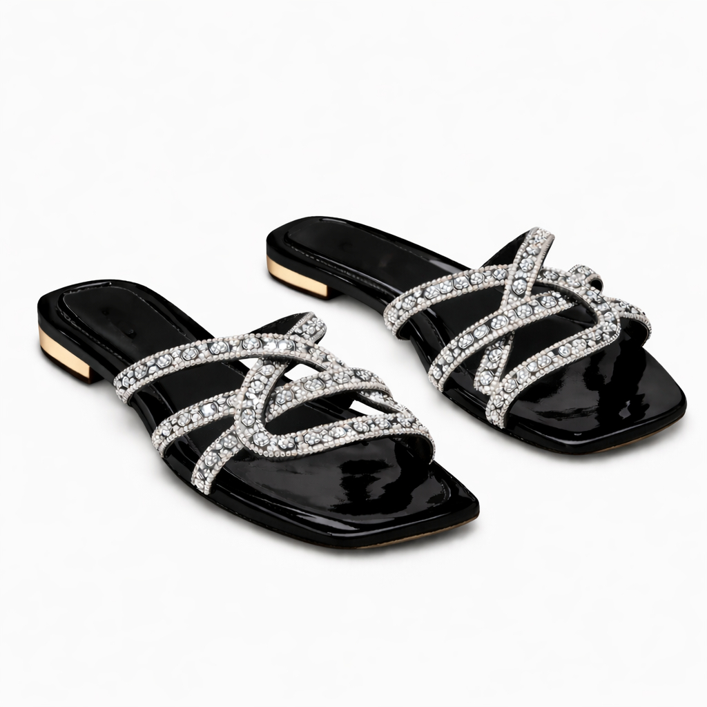 Women Slip On Sandals with Rhinestone Crisscross Straps