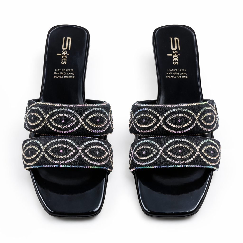 Women Black Leather Rhinestone Slip On Sandals
