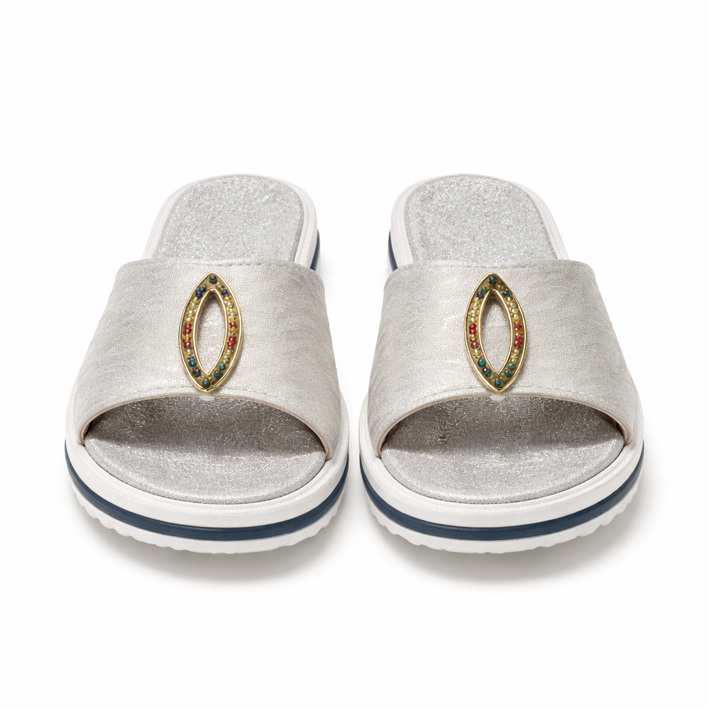 Stylish Slip On Sandals with Glittery Finish and Metallic Embellishment