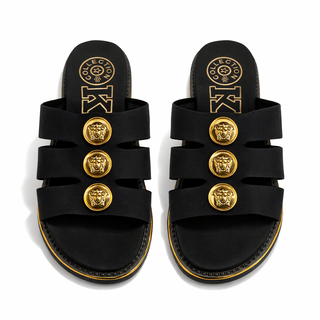 Quality Black Sandals with Gold Toned Lion Head Buttons