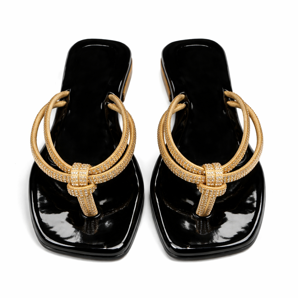 Women Glossy Black Sandals with Golden Embellished Straps