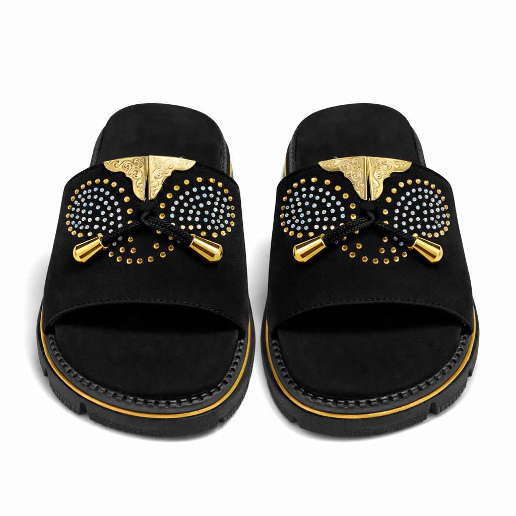 Stylish Black Slip On Sandal with Decorative Studs and Gold Accents