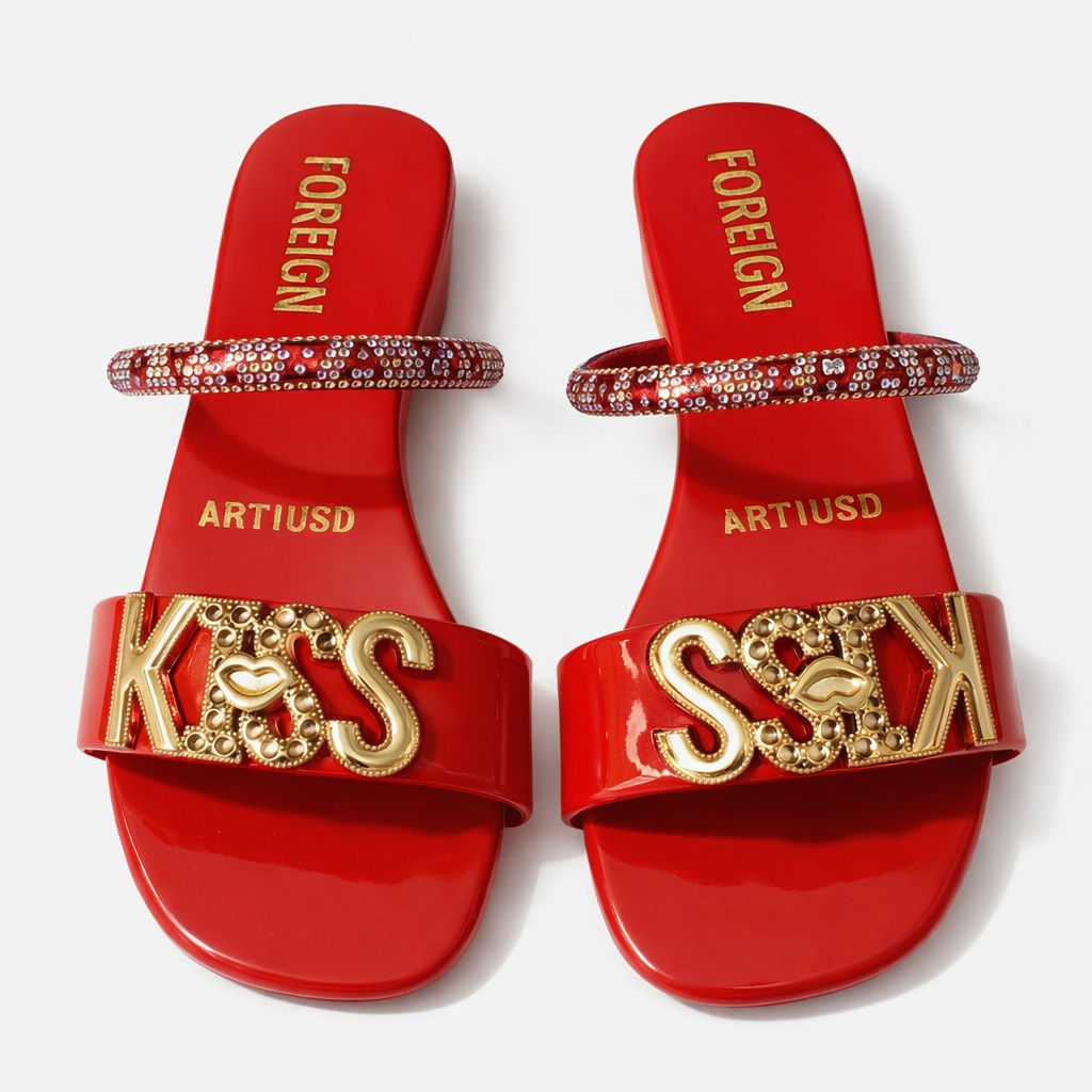 Quality Red Decorative Double Strap Flat Slide Sandals