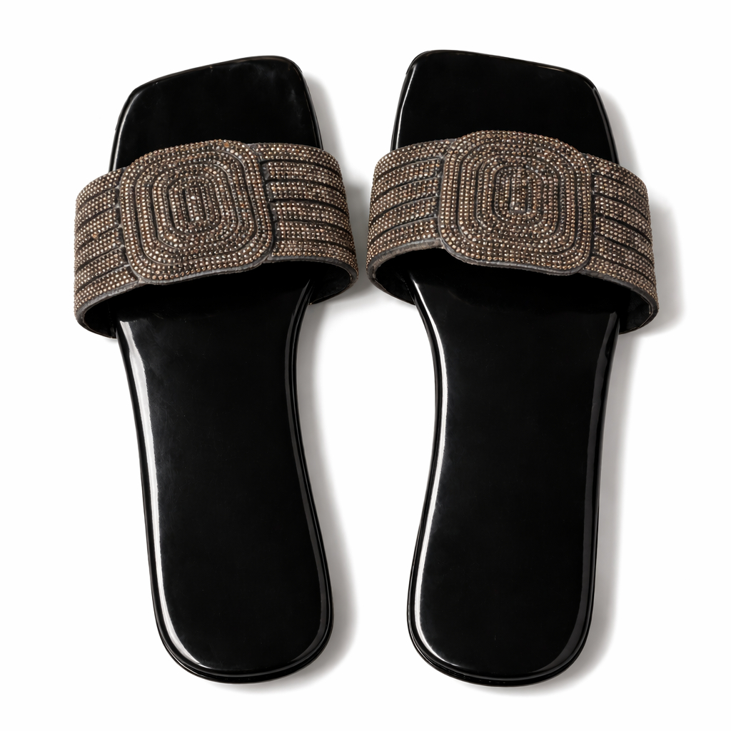 Stylish Black Slip On Sandals with brown Rhinestone Embellishments