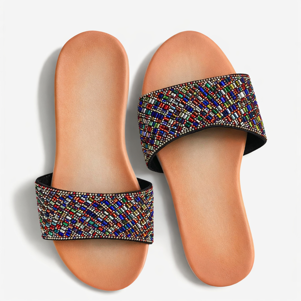 Stylish Slip On Sandals with Multicolored Beaded Design