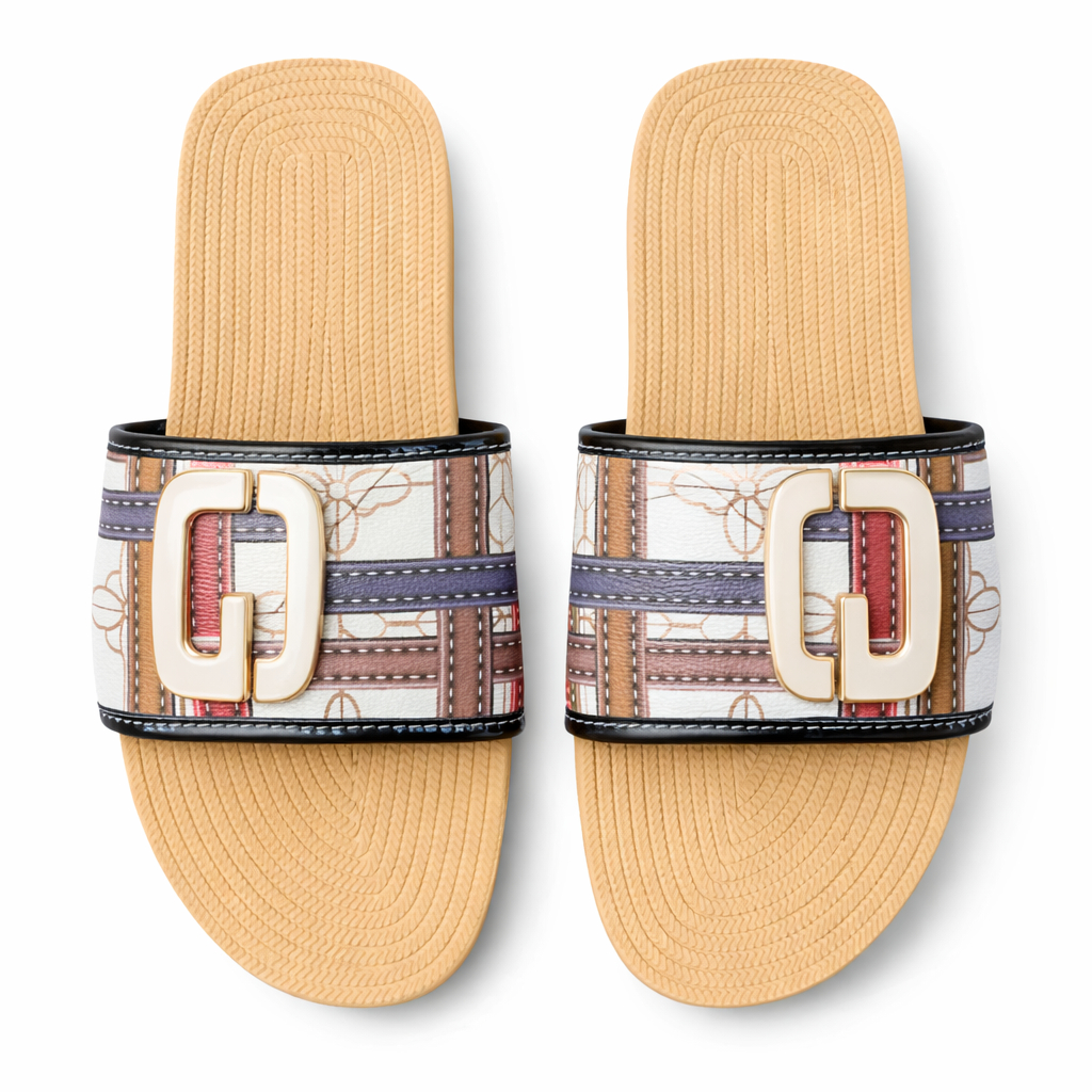 Casual Slip On Sandals with Multicolored Strap and Decorative Buckle