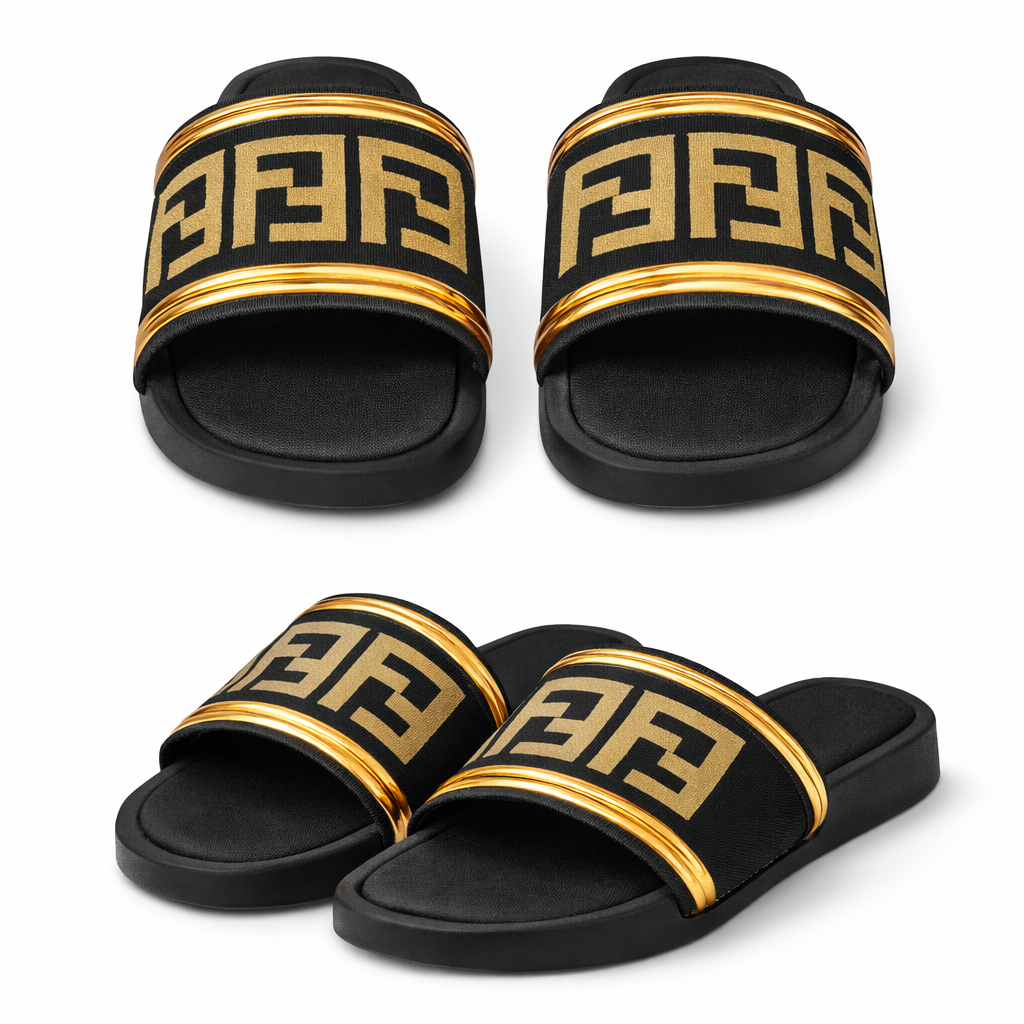 Stylish Black Slide Sandal with Gold Accents