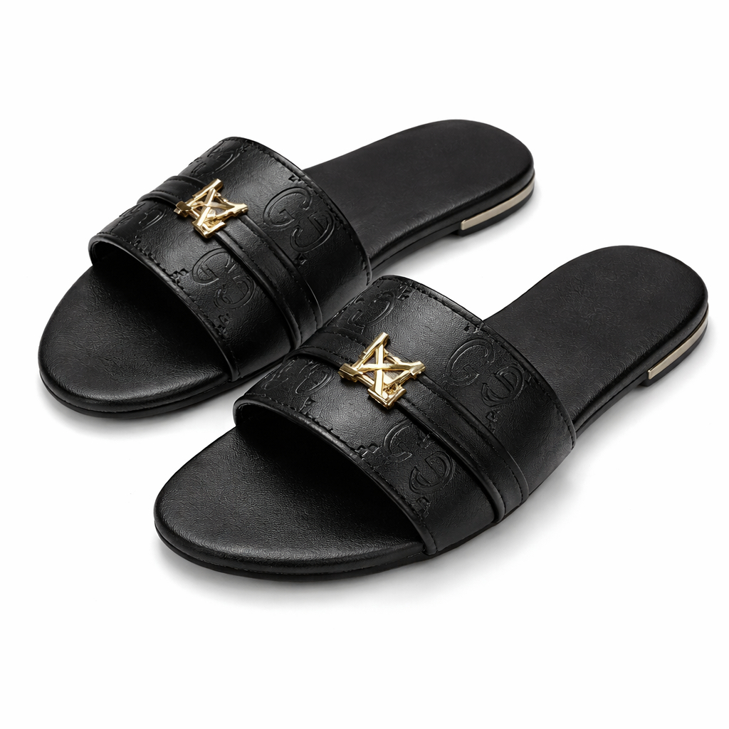 Premium Black Slip On Sandal with Gold Embellishment