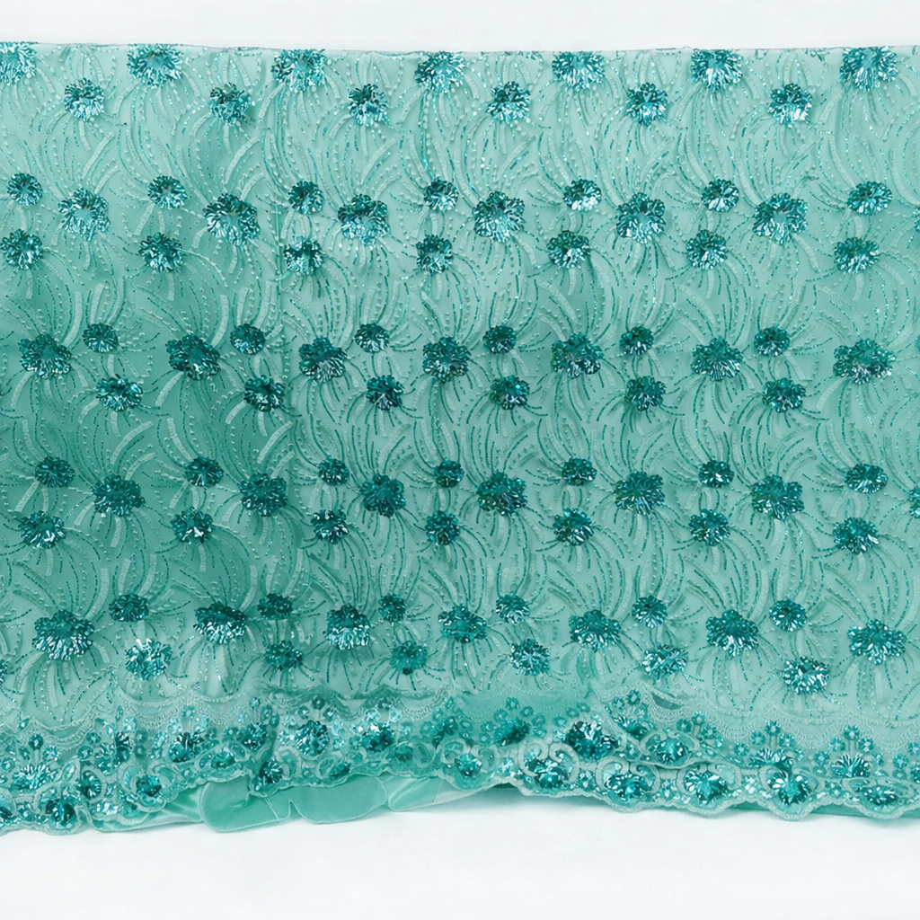 Sky Blue floral embroidered Beaded Lace Fabric