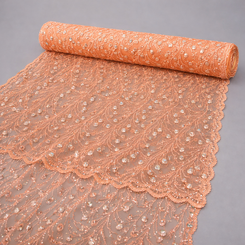 Peach Beaded Embroidered Lace Fabric