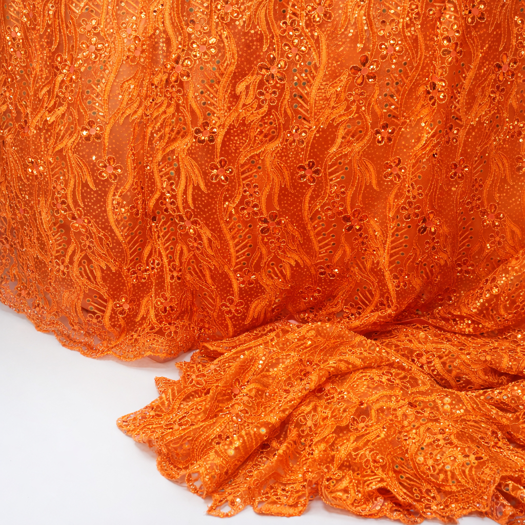 Burnt Orange Embroidered Lace Fabric