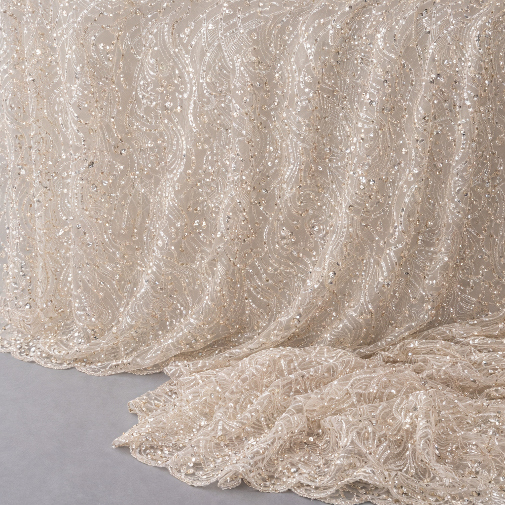 Ivory Beaded Embroidered Lace Fabric