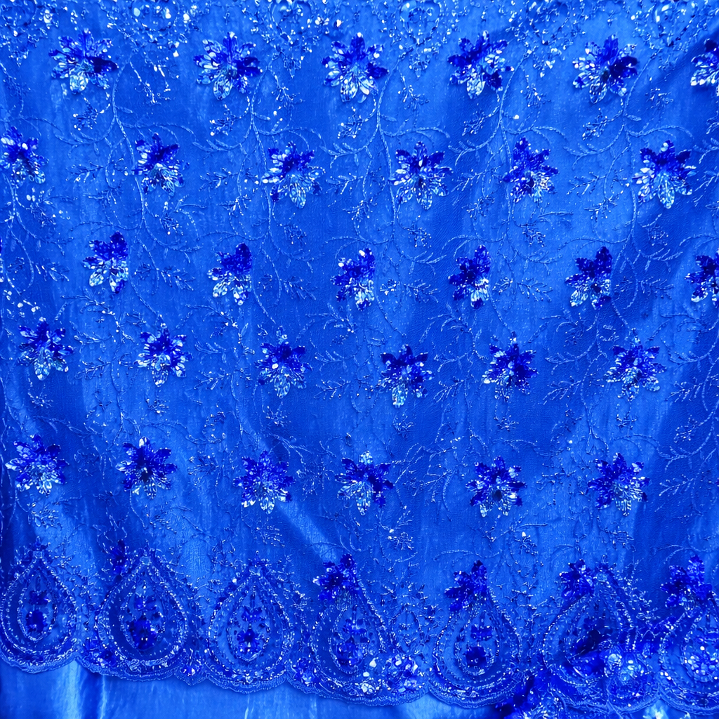 Royal Blue floral Beaded Lace Fabric