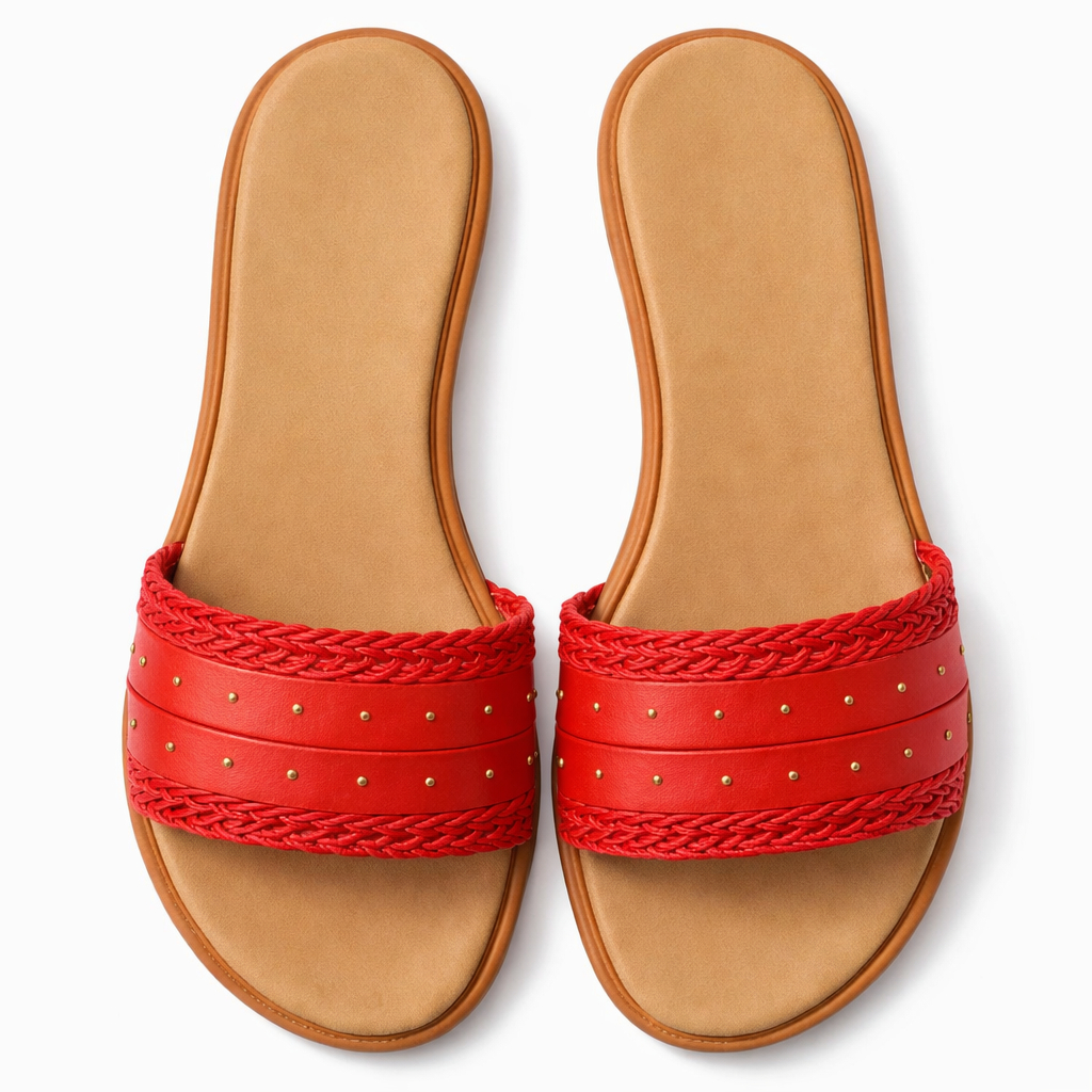 Women Open Toe Flat Slide Sandals with red Braided Strap