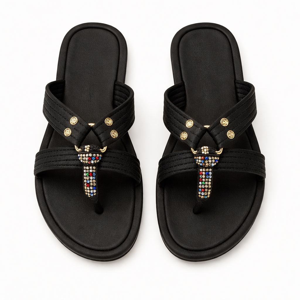 Black Thong Style Sandal with Rhinestone Embellishment