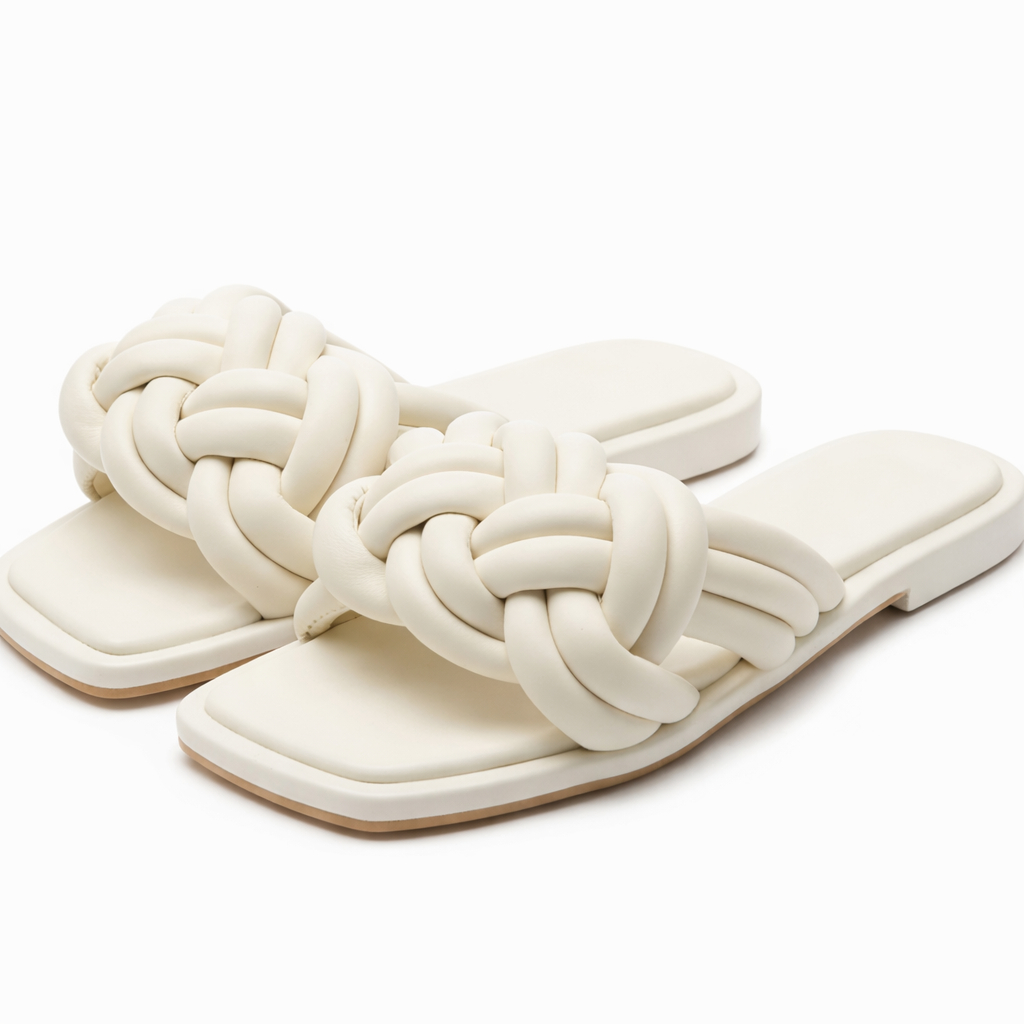 Women Cream Braided Strap flat slide sandals