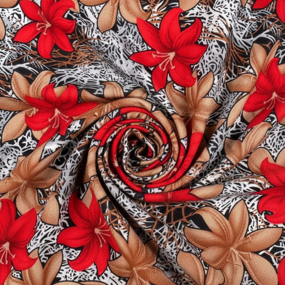 Tropical Red Floral and Tan Leaf Print vintage fabric