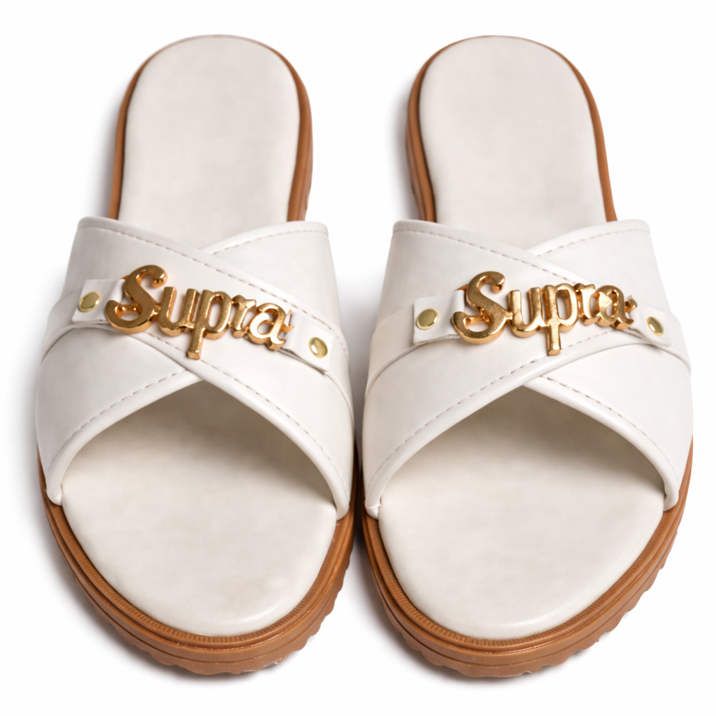White Slip On Flat Sandals with Decorative Metal Detail
