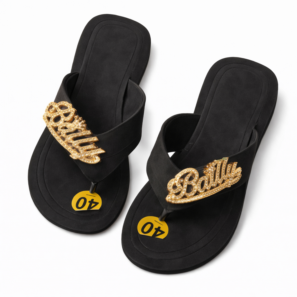 Black Slip On Flat Sandals with Decorative Gold Detail