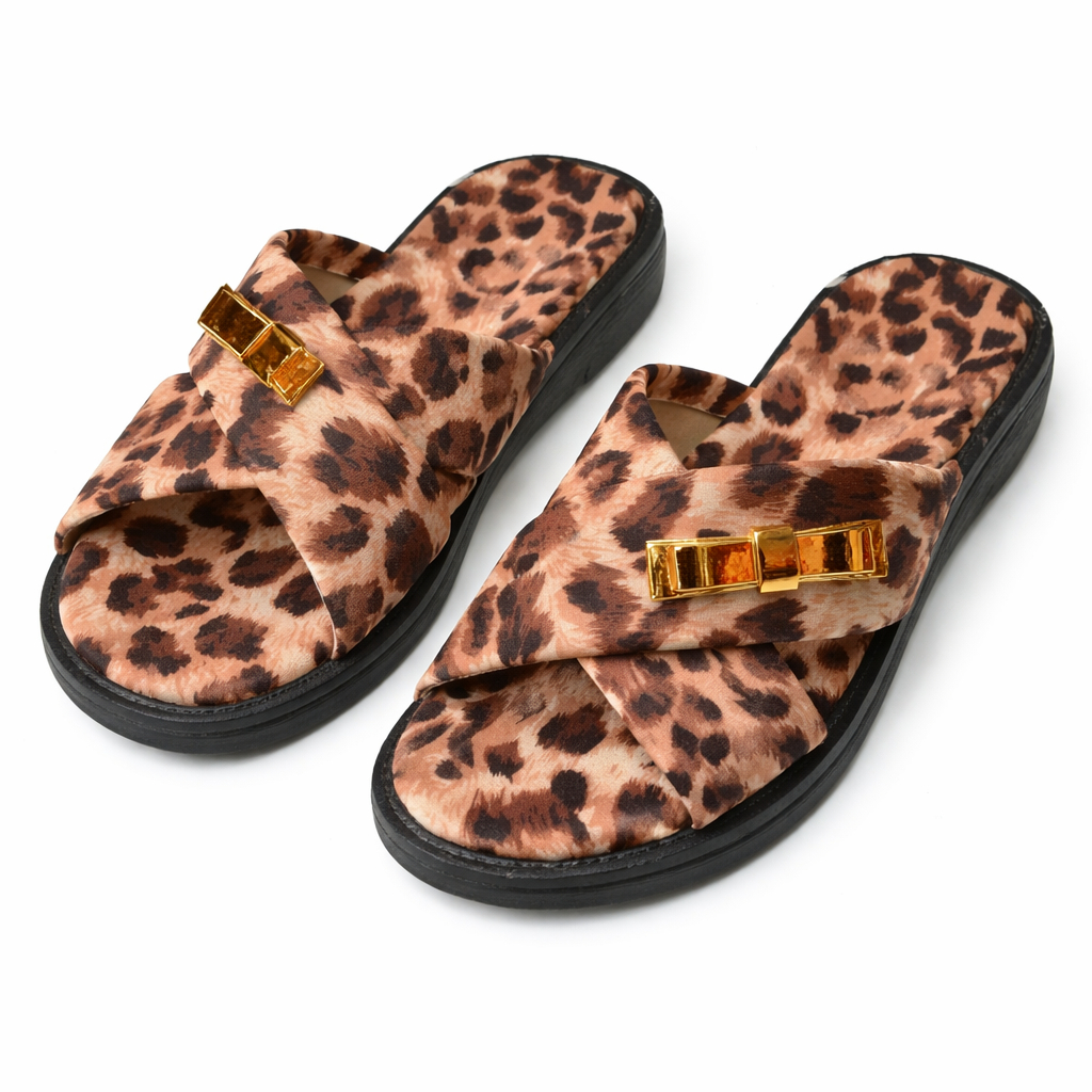 Leopard Print Crisscross Strap Sandals with Gold Embellishments