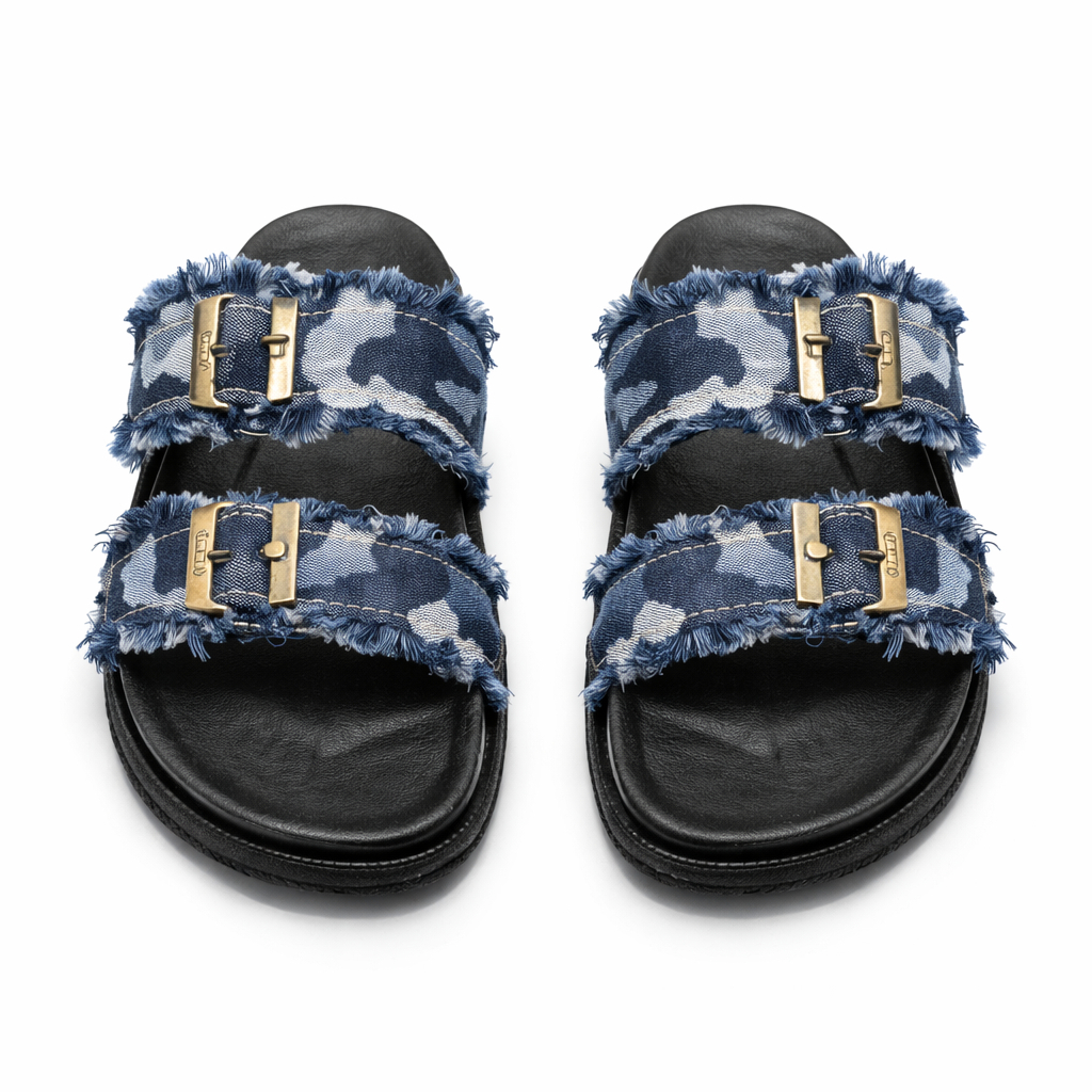 Casual Sandal with Distressed Denim Straps and Brass Buckles