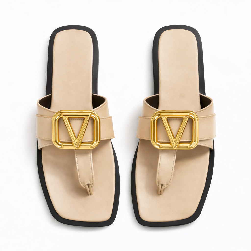 Stylish Beige Sandal with Gold Toned Buckle